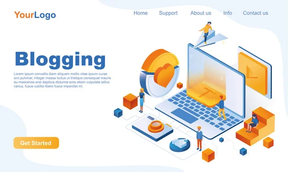 Bloggen isometrische landing page sjabloon. Het creëren van inhoud voor blog, werken aan sociale netwerken 3d concept. Blogger schrijft artikelen, post video 's, verzamelt likes. Vector illustratie in plat ontwerp — Stockvector