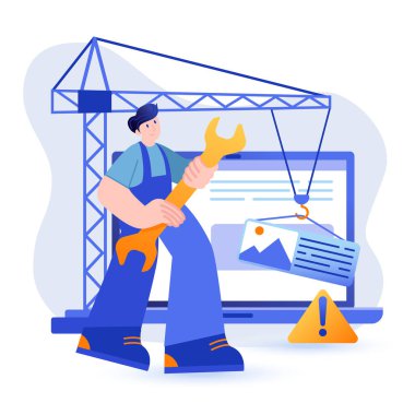İnşaat konsepti. İnşaatçı web sayfasında tamirat yapıyor, vinç arayüz elemanı sahnesini tutuyor. Web sitesi erişimi hatası, teknik işler. Düz dizaynlı insanlar ile vektör illüstrasyonu