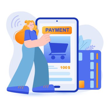 Mobil ödeme konsepti. Kadın akıllı telefon sahnesi için cep telefonuyla alışveriş yapıyor ve ödeme yapıyor. Çevrimiçi bankacılık, finansal işlemler. Düz dizaynlı insanlar ile vektör illüstrasyonu