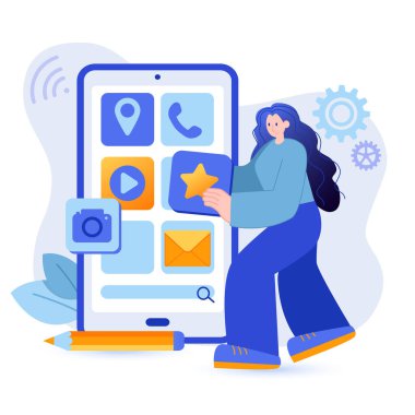 Uygulama geliştirme konsepti. Geliştirici mobil uygulama sahnesinin arayüzünü oluşturdu. Programların geliştirilmesi, uygulamalar, yazılımlar, ui tasarım süreci. Düz dizaynlı insanlar ile vektör illüstrasyonu