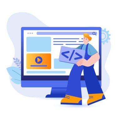Web geliştirme konsepti. Programcı web sayfası için kod oluşturur, program sahnesini test eder. Programların geliştirilmesi, uygulamalar, yazılımlar, ui tasarım süreci. Düz dizaynlı insanlar ile vektör illüstrasyonu