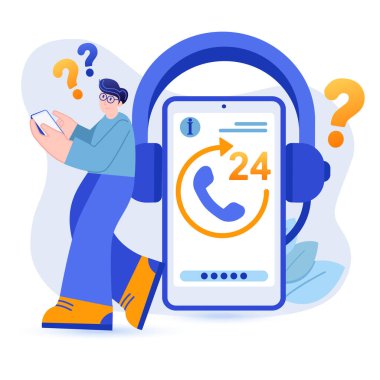 Destek merkezi konsepti. Müşteri yardım hattını ya da teknik destek merkezini arar. Operatör danışmanlığı, soruları cevaplamak, yardım hattında çalışmak. Düz dizaynlı insanlar ile vektör illüstrasyonu