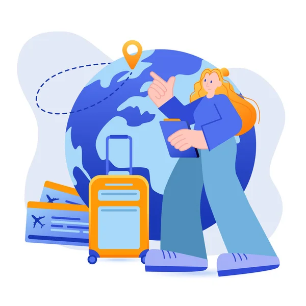 Reisebyråets konsept. Turoperatøren hjelper til med å velge feriereise. Verdensturisme, reiser med bagasje, ferie på feriestedet, eventyr. Vektorillustrasjon med personkarakteristikk i flat utforming – stockvektor