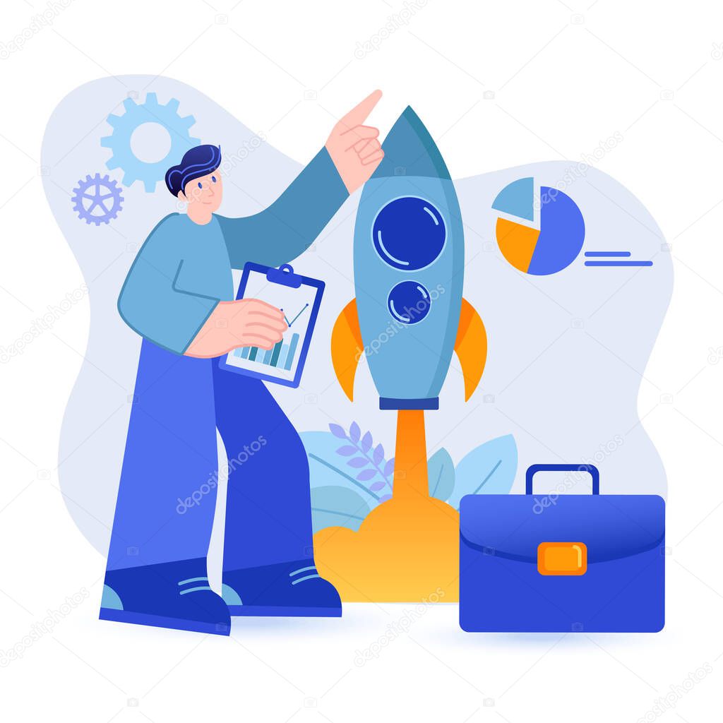 Startup concept. Businessman starts new success business scene. Company development, project investments, business analytics, profit growth. Vector illustration with people character in flat design