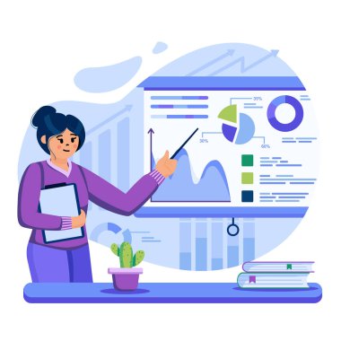 Büyük veri analiz konsepti. Çizelgeler üzerindeki iş istatistiklerini analiz et. Kadın verileri analiz ediyor ve çalışma raporu hazırlıyor. İnsan sahnelerinin kalıpları. Düz dizaynlı karakterlerle vektör illüstrasyonu