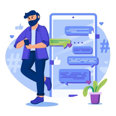 Sosyal medya konsepti. Adam arkadaşlarıyla mesajlaşıyor. Etkin internet kullanıcısı çevrimiçi iletişim kuruyor, uygulamayla sohbet ediyor. İnsan sahnelerinin kalıpları. Düz dizaynlı karakterlerle vektör illüstrasyonu