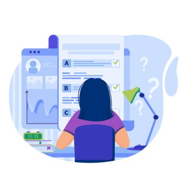 Çevrimiçi test konsepti. Kadın çevrimiçi anket formunu tıklayarak dolduruyor, uzaktan öğrenme sınavına giriyor. İnsan sahnelerinin kalıpları. Düz dizaynlı karakterlerle vektör illüstrasyonu