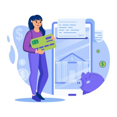 Mobil bankacılık konsepti. Akıllı telefondaki finansal işlemler için online hesap kullanan bir kadın. Tasarruf ve banka hizmetleri. İnsan sahnelerinin kalıpları. Düz dizaynlı karakterlerle vektör illüstrasyonu