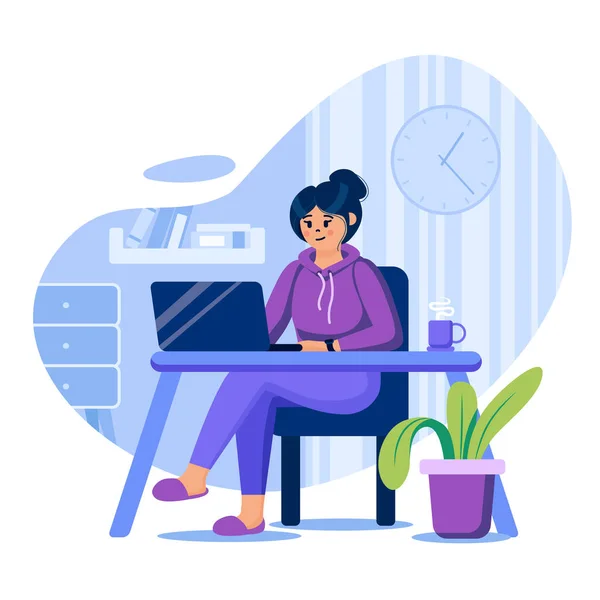 Conceito freelance. Freelancer mulher trabalhando no laptop em home office. Trabalhador remoto em condições convenientes local de trabalho. Modelo de cenas de pessoas. Ilustração vetorial com personagens em design plano — Vetor de Stock