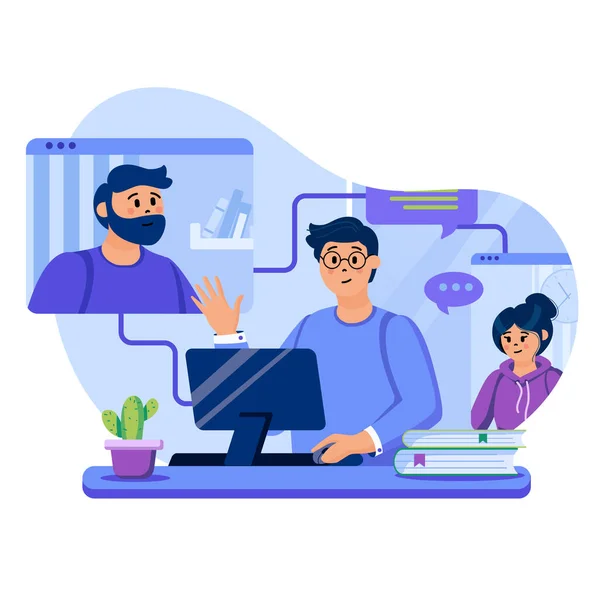 Conceito de videoconferência. O homem comunica em videochamada com amigos. Colegas realizando reunião de negócios online. Modelo de cenas de pessoas. Ilustração vetorial com personagens em design plano — Vetor de Stock