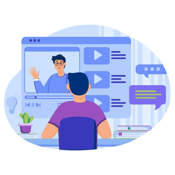 Video dersleri konsepti. Adam video veya blog akışı izler ve yeni yetenekler öğrenir. Çevrimiçi Webinars izleyen öğrenci. İnsan sahnelerinin kalıpları. Düz dizaynlı karakterlerle vektör illüstrasyonu