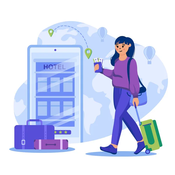 Conceito de agência de viagens. Mulher com bilhetes e bagagem foi em viagem, reservado hotel. Voos internacionais, turismo mundial. Modelo de cenas de pessoas. Ilustração vetorial com personagens em design plano —  Vetores de Stock