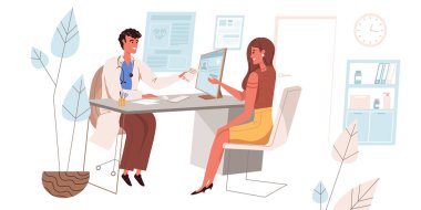 Klinik web sitesi konsepti düz stil. Kadın doktoru ziyaret ediyor. Terapist danışmanı hasta, teşhis ve reçete. İnsanlar karakter aktivitesi sahneleri. Web sitesi şablonu için vektör illüstrasyonu
