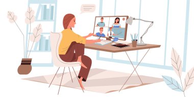 Çevrimiçi eğitim web sitesi konsepti. Bilgisayarda eğitim dersleri izleyen bir kadın. Öğrenci evde uzaktan çalışıyor. İnsanlar karakter aktivitesi sahneleri. Web sitesi şablonu için vektör illüstrasyonu