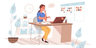 Zaman yönetimi web sitesi konsepti düz stil. Çalışma süreçlerini planlayan, iş akışını optimize eden, işini tamamlayan bir kadın. İnsanların karakter aktiviteleri sahnesi. Web sitesi şablonu için vektör illüstrasyonu