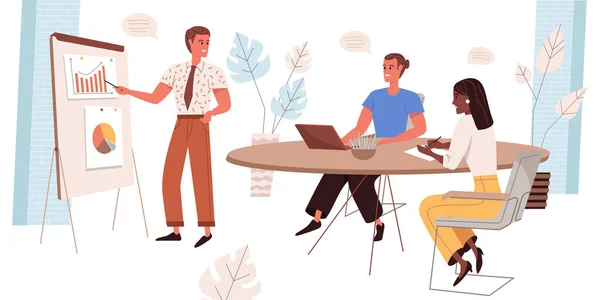 Liderlik web sitesi konsepti düz stil. İş toplantısı ya da eğitim. Meslektaşlar sunumda oturup stratejiyi tartışırlar. İnsanlar karakter aktivitesi sahneleri. Web sitesi şablonu için vektör illüstrasyonu