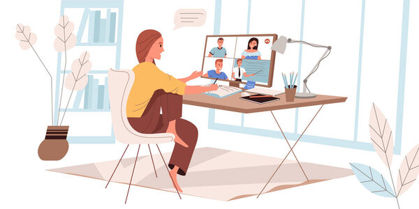 Online education web concept in flat style. Woman watching training lessons on computer. Student studying remotely at home. People character activities scenes. Vector illustration for website template