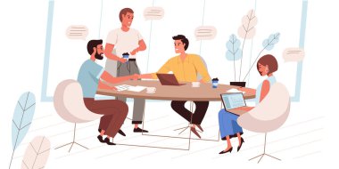 İş görüşmesi web sitesi konsepti düz stil. Şirket çalışanları konferans odasında iletişim kuruyor. Meslektaşlar iş meselelerini tartışırlar. İnsanların karakter aktiviteleri sahnesi. Web sitesi şablonu için vektör illüstrasyonu