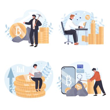 Kripto para madenciliği konsepti ayarlandı. Erkekler ve kadınlar kripto işinde para kazanıyor, bitcoin madenleri, gelirlerini arttırıyorlar. İnsan aktiviteleri koleksiyonu. Düz dizayndaki karakterlerin vektör illüstrasyonu
