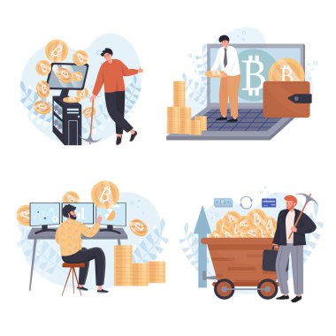 Kripto para madenciliği konsepti ayarlandı. Erkekler ve kadınlar dijital para madencilik çiftlikleri, bitcoinler, kripto işleri ile para kazanıyorlar. İnsan aktiviteleri koleksiyonu. Düz dizayndaki karakterlerin vektör illüstrasyonu