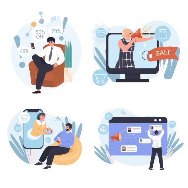 Farklı pazarlama konsepti sahneleri ayarlandı. İndirim ve satış, sadakat programları, müşterilere hediyeler, online reklam. İnsan aktiviteleri koleksiyonu. Düz dizayndaki karakterlerin vektör illüstrasyonu