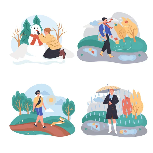 Diferentes condições climáticas conjunto de cenas conceituais. Homem e mulher caminhando fora no inverno, outono, verão e primavera. Coleção de atividades de pessoas. Ilustração vetorial de personagens em design plano —  Vetores de Stock