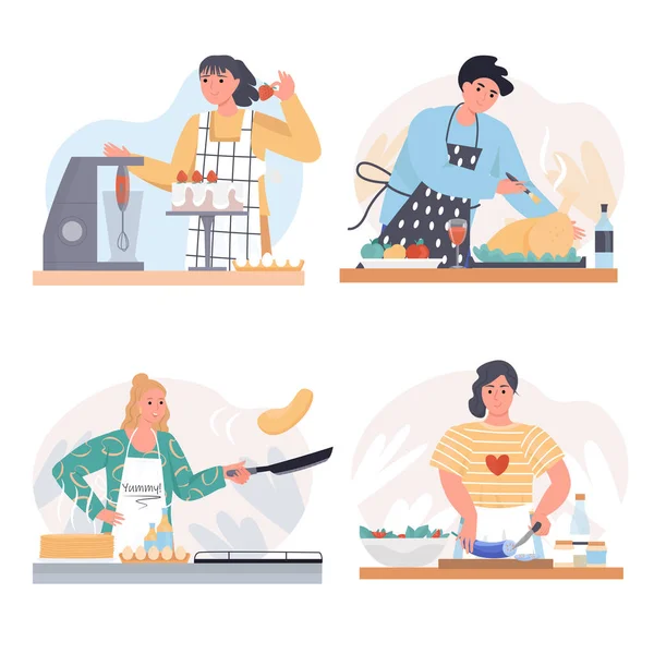 Koken thuis concept scènes set. Vrouwen bakken pannenkoeken, maken taart, snijden salade, de man bereidt lunch in de keuken. Collectie van mensen activiteiten. Vector illustratie van karakters in plat ontwerp — Stockvector