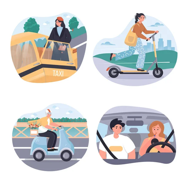 Verschiedene Arten von Stadtverkehrskonzepten spielen eine Rolle. Männer und Frauen fahren Taxi, Roller, Motorrad oder Auto. Sammlung von Aktivitäten der Menschen. Vektorillustration von Zeichen in flachem Design — Stockvektor