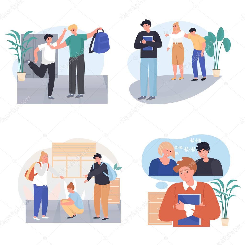 Bullying at school concept scenes set. Classmates taunting boy or girl, mocking children. Conflicts between teenagers. Collection of people activities. Vector illustration of characters in flat design