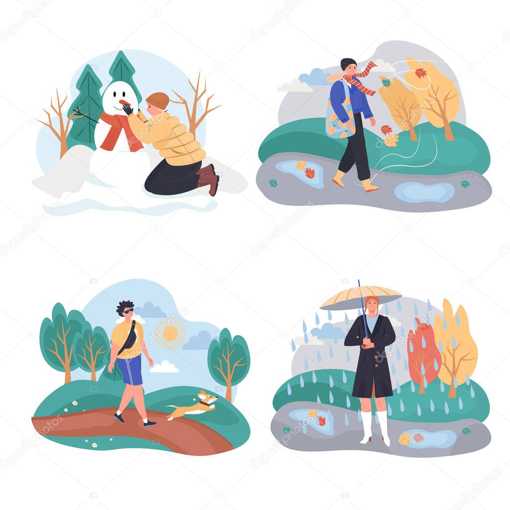 Different weather conditions concept scenes set. Man and women walking outside in winter, autumn, summer and spring. Collection of people activities. Vector illustration of characters in flat design