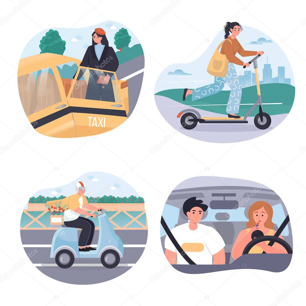 Different types of city transport concept scenes set. Men and women ride taxis, scooters, motorcycle or drive cars. Collection of people activities. Vector illustration of characters in flat design