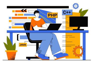 Yazılım web konsepti programlanıyor. Geliştirici programlama farklı dillerde, uygulamalar, kodlamalar, testler yaratıyor. Adam bilişim sektöründe çalışıyor. Düz çizgi tasarımında web sayfası şablonu için vektör illüstrasyonu