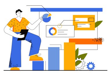 İş sunumu web konsepti. İş toplantısında konuşan adam. Çalışan sunum kuruluna gider, şirket istatistiklerini bildirir. Düz çizgi tasarımında web sayfası şablonu için vektör illüstrasyonu