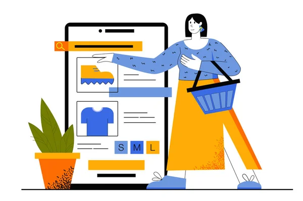 Mobilt shopping web-konsept. Kjøper gjør innkjøp på butikkens nettsider. Kvinnen velger klær og sko og betaler i mobil søknad. Vektorillustrasjon for nettsidemal i flatlinjedesign – stockvektor