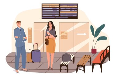 Havaalanı web konsepti. Pilot uçuş için hazırlanıyor. Bagajı olan bir uçak kaptanı ve bekleme salonunda bekleyen bir kadın yolcu. İnsanların sahneleri tasvir ediyor. Düz dizayndaki karakterlerin vektör illüstrasyonu