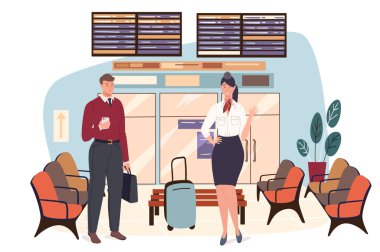 Havaalanı web konsepti. Hostes uçuş için hazırlanıyor. Bavullu hostes ve bekleme salonunda bekleyen yolcu. İnsanların sahneleri tasvir ediyor. Düz dizayndaki karakterlerin vektör illüstrasyonu