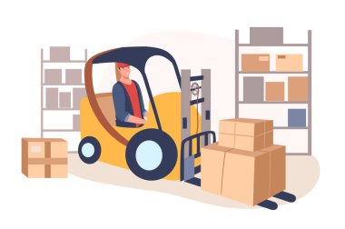 Teslimat servisi web konsepti. Forklift 'teki adam depoda çalışıyor. İşçi yükleme ve taşıma paketleri. Posta memuru. İnsanların sahneleri tasvir ediyor. Düz dizayndaki karakterlerin vektör illüstrasyonu