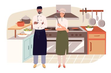 Mutfak web konseptinde restoran personeli. Aşçı ve asistan mutfakta yemek pişiriyor, yemek hazırlıyor. İnsanların sahneleri tasvir ediyor. Düz dizayndaki karakterlerin vektör illüstrasyonu