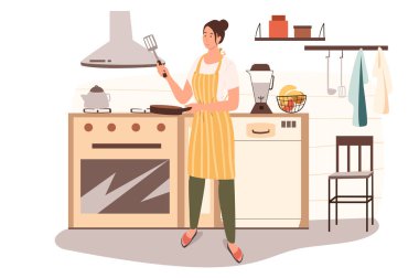 Kadın ev mutfağı web konseptinde aşçılık yapıyor. Önlüklü ev hanımı kahvaltı hazırlar, tavada krep pişirir, ev yapımı yemekler yapar. İnsanların sahneleri tasvir ediyor. Düz dizayndaki karakterlerin vektör illüstrasyonu