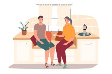 Ev yapımı web sitesinde kahve içen bir çift. Kadın ve erkek cam kenarında oturup konuşuyor ve sıcak bir şeyler içiyorlar. İnsanların sahneleri tasvir ediyor. Düz dizayndaki karakterlerin vektör illüstrasyonu
