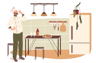 Şef ev mutfağı web konseptinde pizza yaptı. Üniformalı bir adam pizza pişiriyor, sofrayı kuruyor, şarap servisi yapıyor, yemek odasında yemek veriyor. İnsanların sahneleri tasvir ediyor. Düz dizayndaki karakterlerin vektör illüstrasyonu
