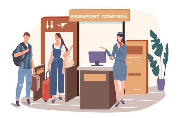 Concepto web del aeropuerto. Los pasajeros reciben el control de pasaportes y van al avión de embarque. Un par de viajes juntos. Servicio de seguridad. Plantilla escenas de personas. Ilustración vectorial de personajes en diseño plano — Archivo Imágenes Vectoriales