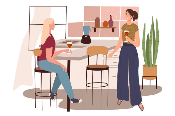 Modernes komfortables Interieur der Küche Web-Konzept. Frauen trinken Wein und unterhalten sich, während sie auf Barhockern am Tisch sitzen. Szenen aus dem Leben. Vektorillustration von Zeichen in flachem Design — Stockvektor