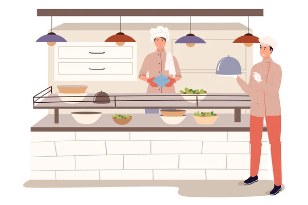 Restaurant personeel in keuken web concept. Chef plaatst kant-en-klare maaltijden op de toonbank, ober draagt bestellingen naar klanten in de eetkamer. Een sjabloon voor mensen. Vector illustratie van karakters in plat ontwerp — Stockvector