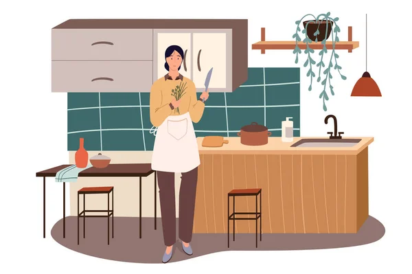 Frau kocht zu Hause Küche Web-Konzept. Hausfrau in Schürze schneidet Grünzeug mit Messer, bereitet hausgemachte Gerichte zum Mittagessen zu. Szenen aus dem Leben. Vektorillustration von Zeichen in flachem Design — Stockvektor