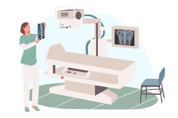 Concepto web de consultorio médico. Doctor mirando la radiografía en la sala de examen radiográfico. Tratamiento médico clínico. Plantilla escenas de personas. Ilustración vectorial de personajes en diseño plano — Archivo Imágenes Vectoriales