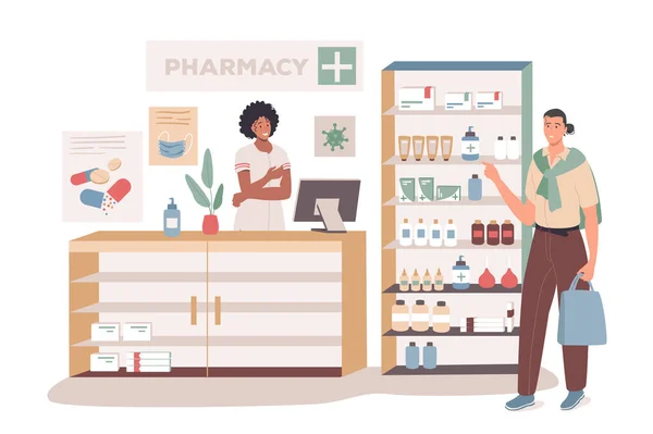 Medical office web concept. Buyer standing in pharmacy, medicines on shelves, pharmacist consults patient, doctor prescription. People scenes template. Vector illustration of characters in flat design — Stock Vector