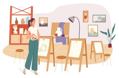 Okul web konsepti. Resim stüdyosunda çizim yapan kadın. Öğrenci dersinde ders çalışır. Profesyonel sanat eğitimi. İnsanların sahneleri tasvir ediyor. Düz dizayndaki karakterlerin vektör illüstrasyonu