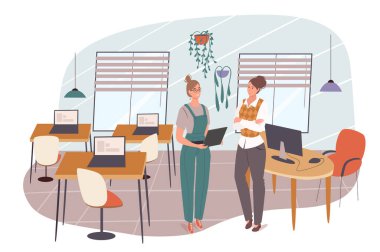 Okul web konsepti. Öğrenci sınıfta bilgisayar bilimi dersinde öğreniyor. Öğretmen öğrenciyle konuşuyor. Bilim ve eğitim. İnsanların sahneleri tasvir ediyor. Düz dizayndaki karakterlerin vektör illüstrasyonu