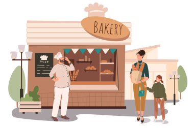 Pastane inşaatı web konsepti. Anne ve kızı dükkandan taze ekmek ve hamur işi alıyor. Baker ürünlerini satıyor. İnsanların sahneleri tasvir ediyor. Düz dizayndaki karakterlerin vektör illüstrasyonu